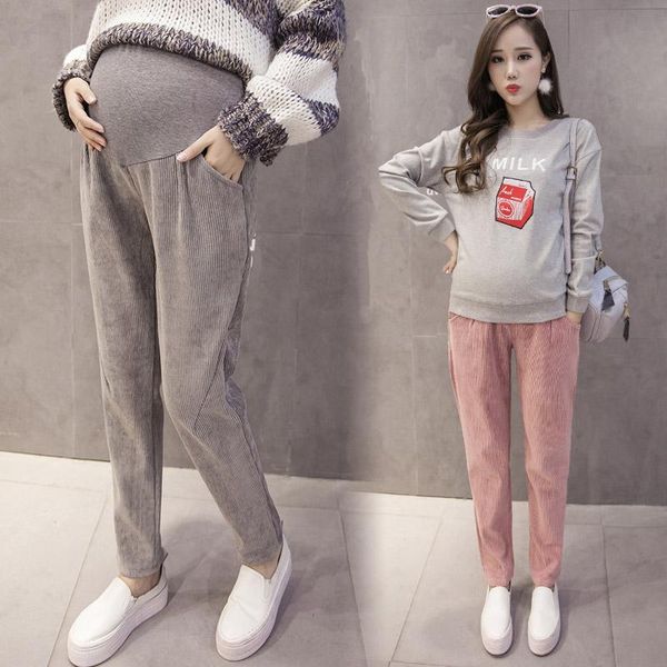 

maternity bottoms 8907# autumn corduroy casual pants adjustable belly straight clothes for pregnant women fall pregnancy trousers, White