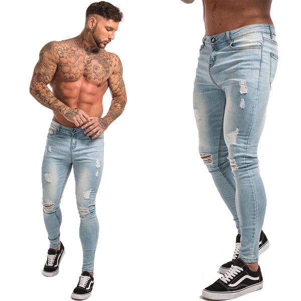 Skinny Jeans Homens Hip Hop Slim Fit Ripped Mens Jeans Grandes e Altas Estiramento Blue Men Calças de brim para homens afligidos cintura elástica ZM11