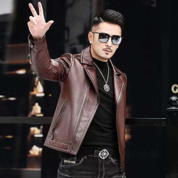 

men's leather & faux spring 2022 autumn men jacket 100% genuine real sheepskin casual male bomber motorcycle biker man's slim fit, Black