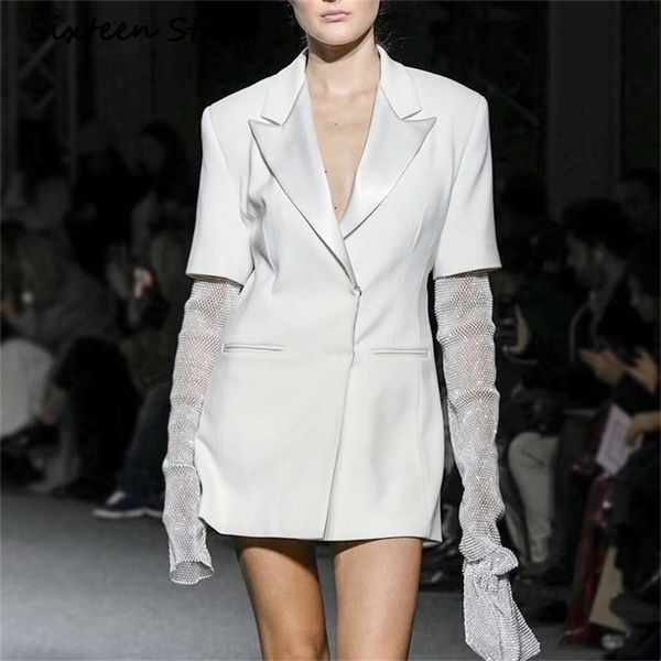 Bling diamante manga jaqueta branca mulher outono outono colarinho casual design rua desgaste shine casaco mulher 210603