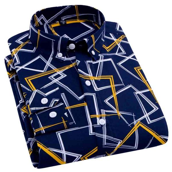 AOLIWEN marca uomo primavera autunno blu navy giallo e bianco stampato camicia casual antirughe comode camicie slim a maniche lunghe 210809