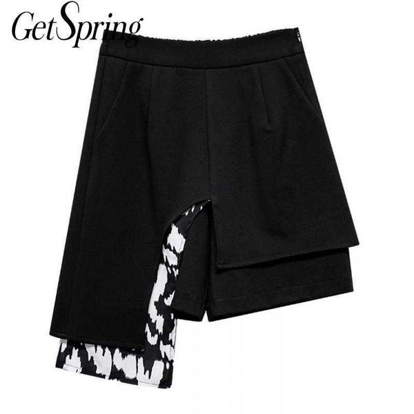 

getspring women short asymmetry patchwork printing high waisted shorts irregular casual for 210601, White;black