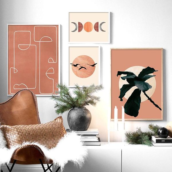 

paintings vintage landscape boho style canvas painting abstract face sun moon plants leaf posters prints wall pictures for home decor