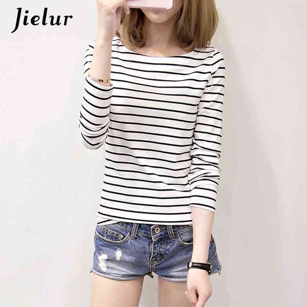 

women's t-shirt jielur autumn spell color cotton t-shirts full sleeve leisure stripe female women street fashion basic -xxl, White