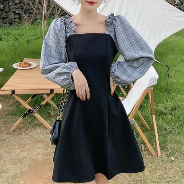 

casual dresses waist tight large hem dress women square neck elegant party club long puff sleeve patchwork spring, Black;gray