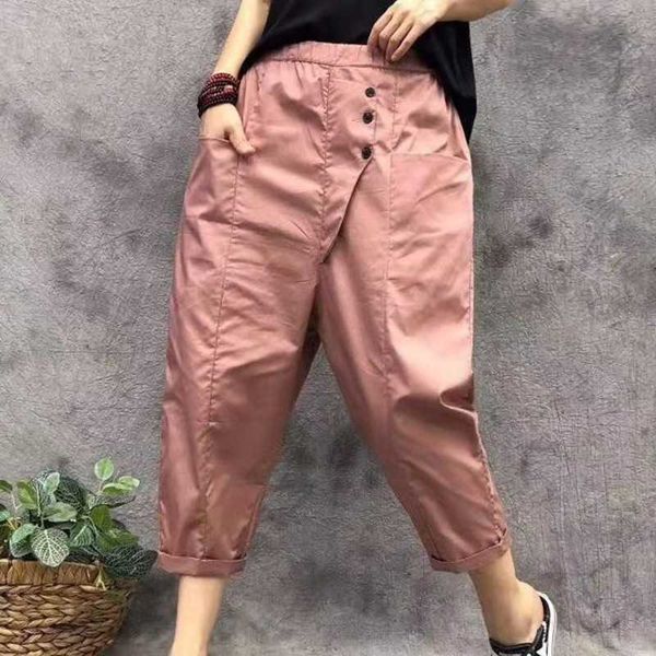 

arrival summer korean style women loose casual elastic waist harem pants button design cotton ankle-length pants w49 210608, Black;white