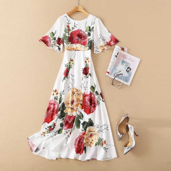 

european and american women's clothing spring 2021 new five point flared sleeve peony flower print fashion white dress, Black;gray