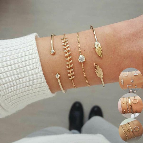 

bangle yc-upgo bohemian feather crystal beads charm bracelets set for women fashion tree chain link bracelet female jewelry gift, Black