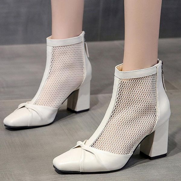 

boots rimocy hollow out summer ankle women fashion pu leather square heel cool woman zipper breathable short booties mujer, Black