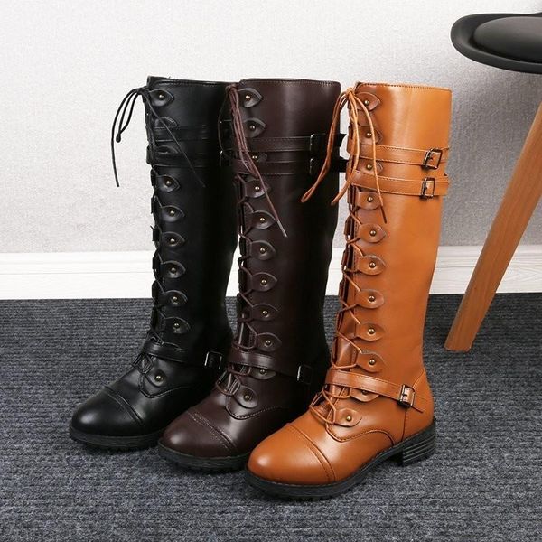 

women round toe steampunk gothic vintage style retro punk buckle military combat boots zapatos de mujer lace-up mid-ca, Black