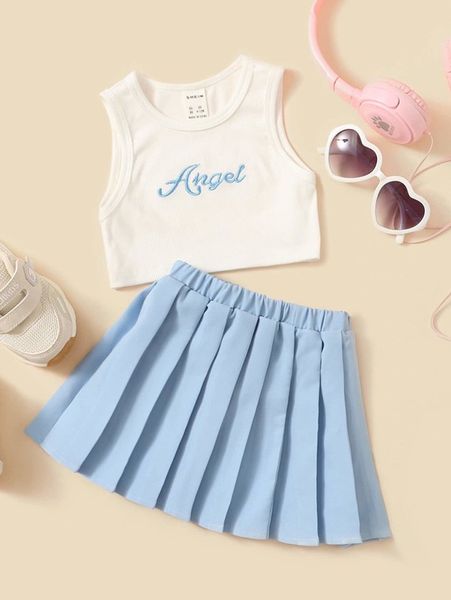 

baby letter embroidery tank & pleated skirt she, White