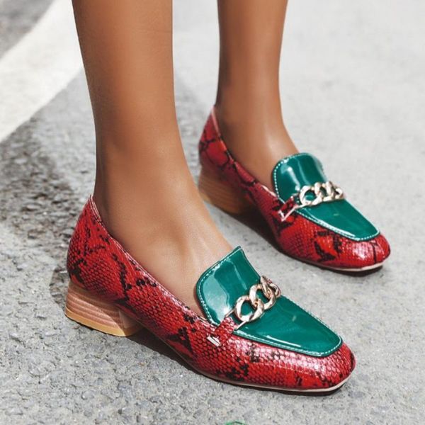 

fanyuan 2021 spring summer fashion women casual shoes mixed colors snake pattern metal chain square toe slip-on woman dress, Black