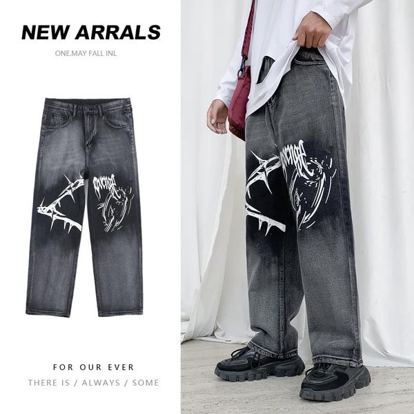 

men's jeans hong kong style ins graffiti gradient color printing youth loose straight casual tide brand wild, Blue