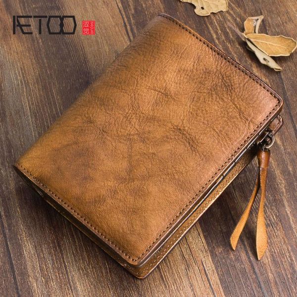 

aetoo men's short leather wallet, youth vegetable tanned leather wallet, vintage old wallet, Red;black