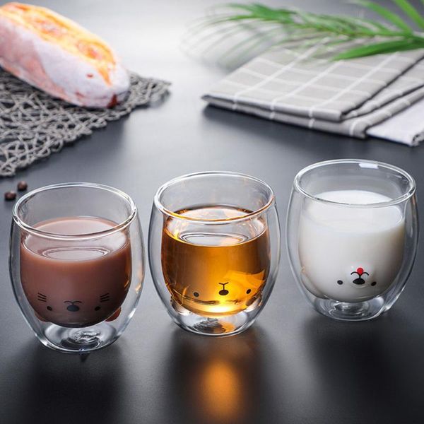 

lovely glass mugs bear cat dog animal double-layer milk coffee cup with round mouth prevent scald cartoon christmas gift
