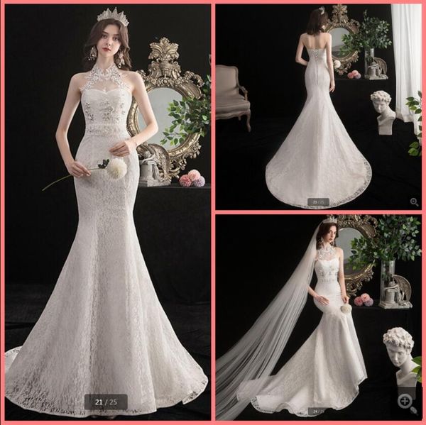 

2021 romantic white lace mermaid wedding dress halter neckline open back beaded corset bride dresses summer beach court train long gorgeous
