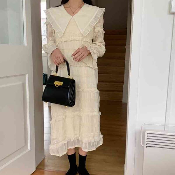 

sweet dress woman spring korea chic large lapel wood ears pleated sequins design lace-up waist long dresses, Black;gray