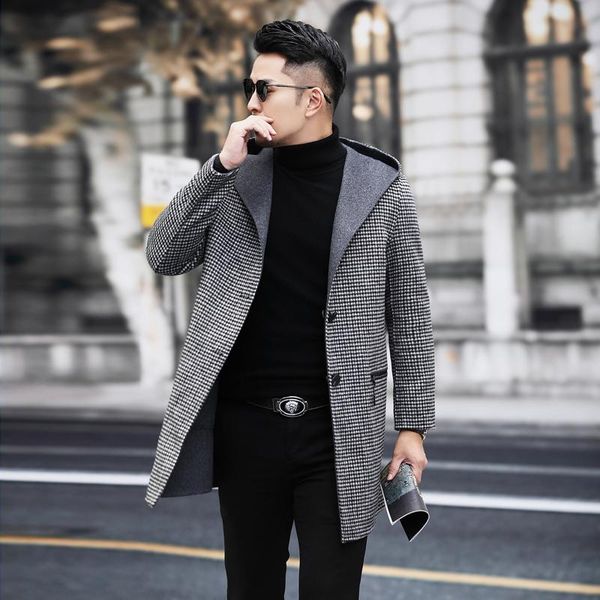 

men's wool & blends 2021 winter coat men fashion hooded long trench business casual woolen overcoats single breasted jacket, Black
