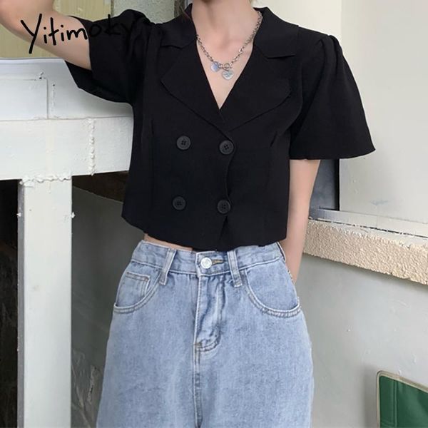 

women's blouses & shirts yitimoky knitted blouse women shirt 2021 summer korean fashion notched double breasted casual short black whi, White