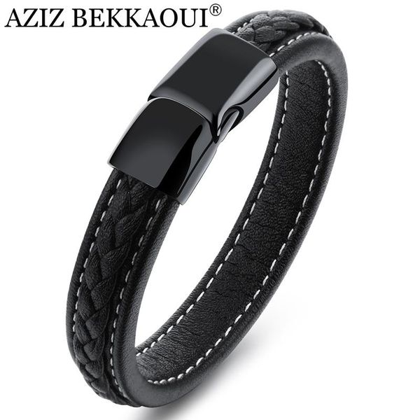 

link, chain aziz bekkaoui black leather bracelet for men vintage rope stainless steel magnetic clasp bangle male jewelry drop