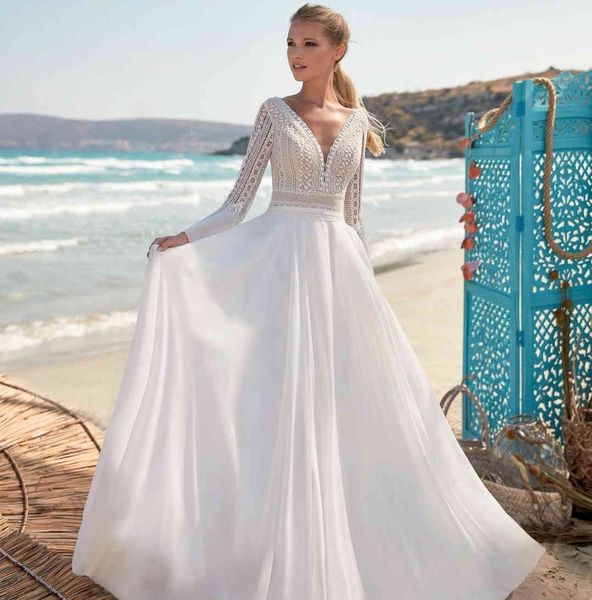 

long sleeve lace wedding dres v-neck floor length boho bohemian bridal gown chiffon simple beach vintage for women brides cheap, White