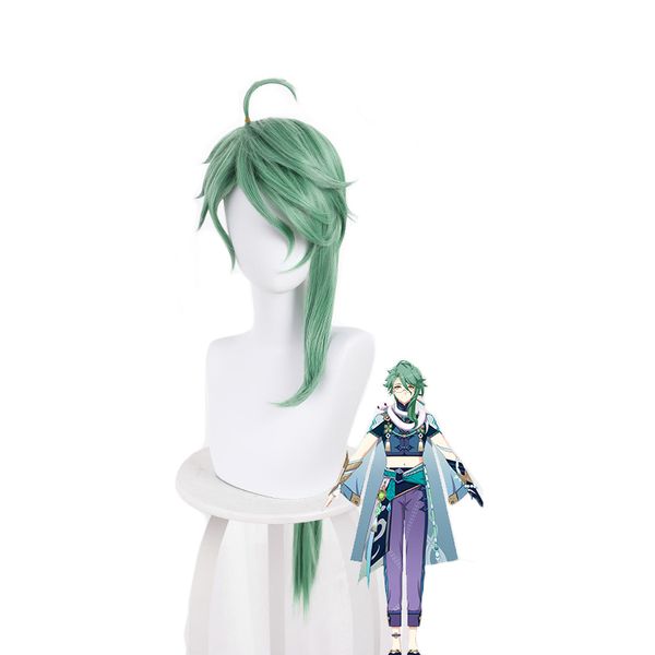 

genshin impact cosplay baizhu wig removable bun baishu green 90cm long straight braided ponytail heat resistant hair role play, Black