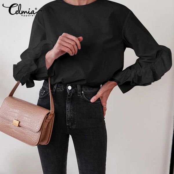 

women's blouses & shirts blouses plus size celmia elegant ruffled women fashion o-neck thin female autumn casual loose long sleeve sol, White