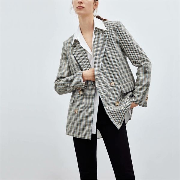 

spring and autumn women's casual plaid double-breasted pocket decorative jacket 210430, White