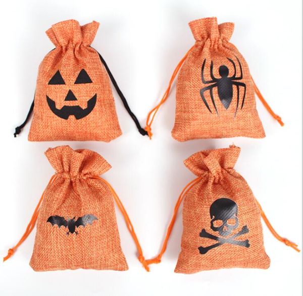 2021 50 Pz/pacco Confezione regalo di Halloween Pipistrello Zucca Teschio Tela di lino Caramelle Borsa con cordoncini Tasca Snack Snack Borse portaoggetti Custodia per biscotti Decorazioni per dolcetto o scherzetto per bambini