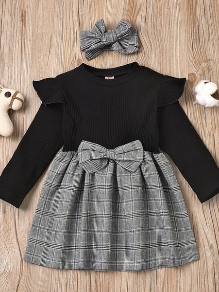 

toddler girls plaid bow front combo dress & headband she, Red;yellow