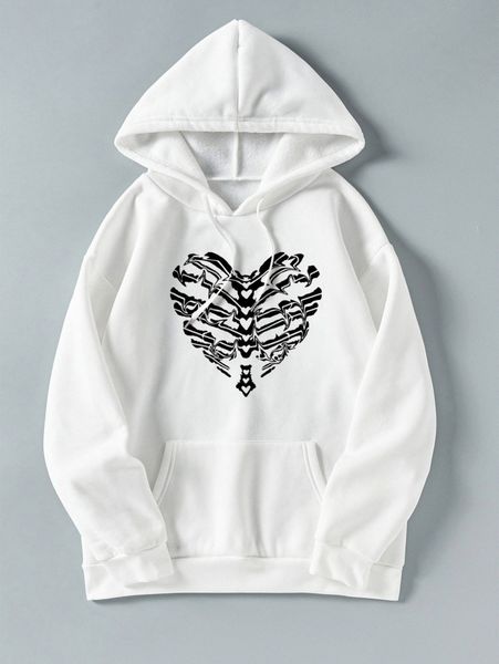

skeleton print kangaroo pocket drawstring thermal hoodie b0ab#, White;black