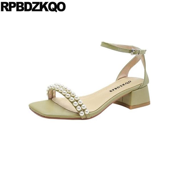 

sandals bride chunky designer women luxury 2021 pearl bridal elegant bridesmaid low heel ankle strap green female shoes beaded, Black