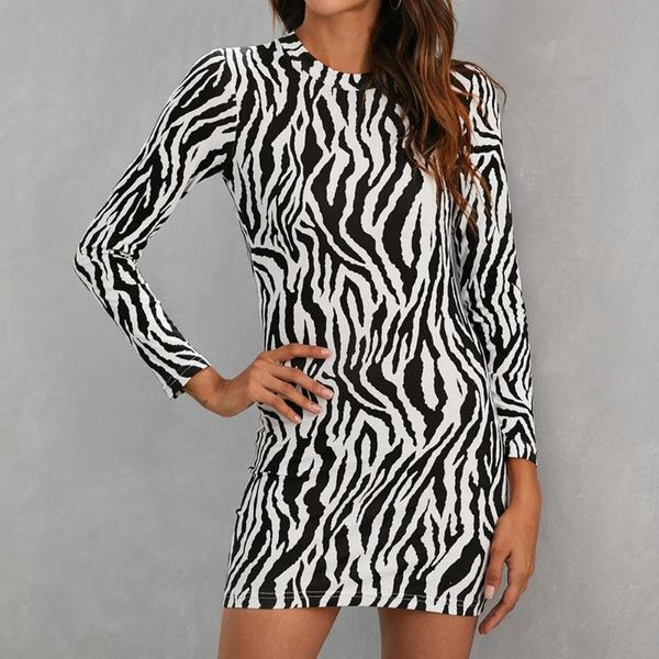 

zebra print bodycon dress women long sleeve o neck dresses for party autumn mini vestidos e girl aesthetic casual, Black;gray