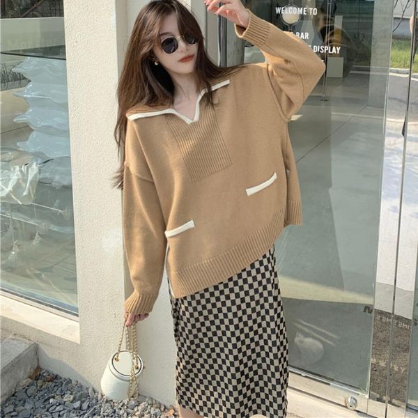 

women's sweaters high street coffee color sweater suit autumn fashion loose split knitted + checkerboard plaid sling dress, White;black