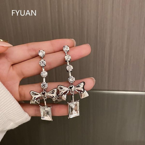

dangle & chandelier fyuan long tassel drop earrings for women bijoux bowknot crystal statement jewelry, Silver