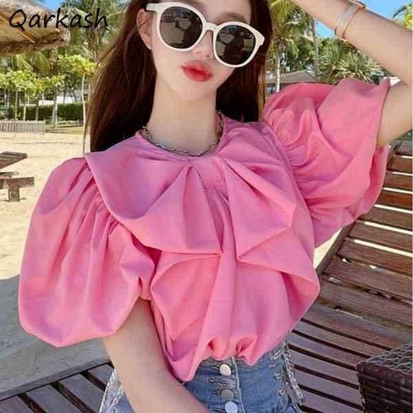 

women's blouses & shirts women ulzzang summer fashion simple college all-match ins bow design o-neck solid short sleeve blusa mujer clo, White
