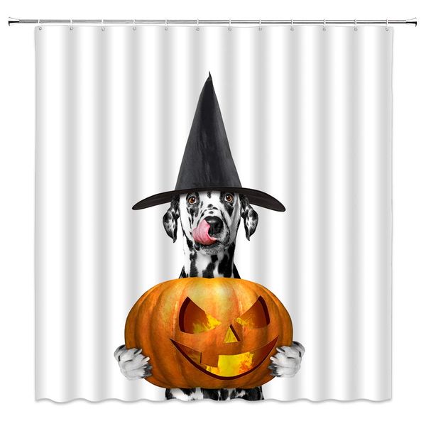 

sztnsm halloween animals shower curtain black hat on dog head funny dog holding a pumpkin lantern,70x70 inch polyester fabric