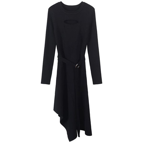 

casual dresses runway asymmetrical knitted women wrap lace up hole dress female sashes elegant autumn office ladies vestido belted, Black;gray