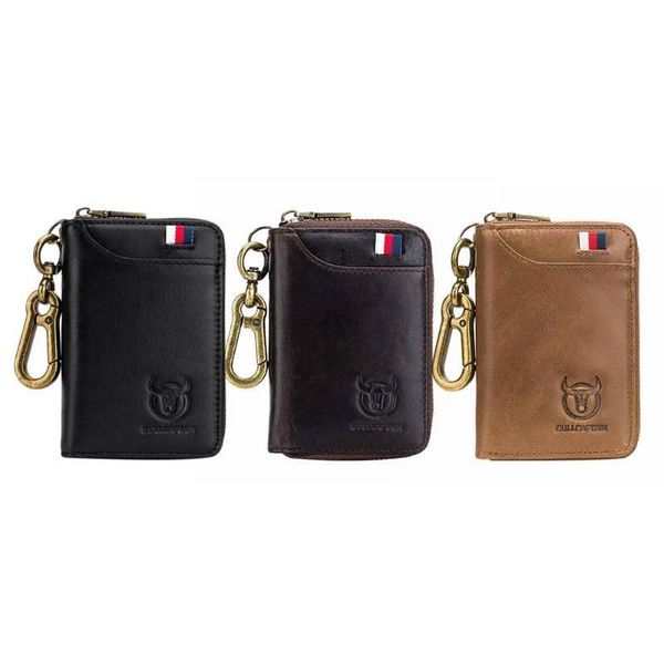 

coin purses bullcaptain original key holder leather card wallet for men vintage soft car keychain purse case zipper 2021, Red;black