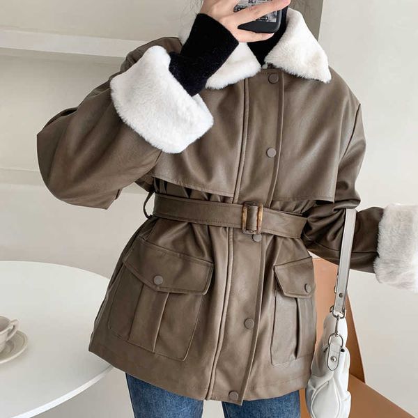 Winter Liner Imitation Kaninchenfell Lederjacke Damen Kurz PU Slim Strap Mantel Langarm Warm Faux 210607