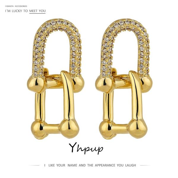 

hoop & huggie yhpup exquisite cubic zirconia geometric earrings occident brand gold color 14 k plated jewelry for womengirls, Golden;silver