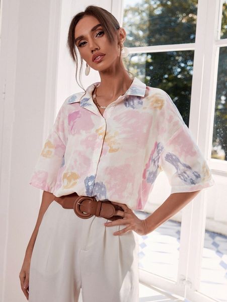 

tie dye print drop shoulder blouse r6yh#, White
