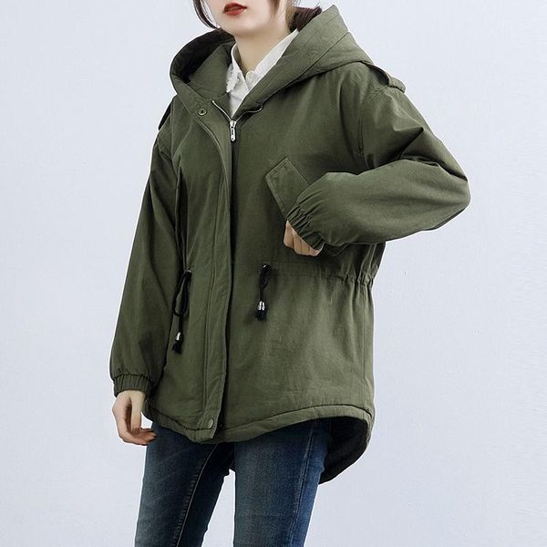 

women's trench coats winter hooded army green parka thicken warm lamb fur jacket coat female woman's long, Tan;black