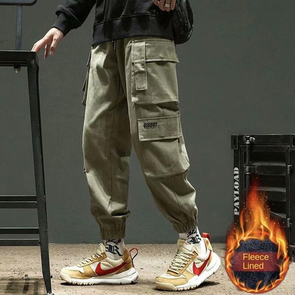 

men's pants cargo warm loose casual men multi-pocket solid color sweatpants plus size joggers, Black