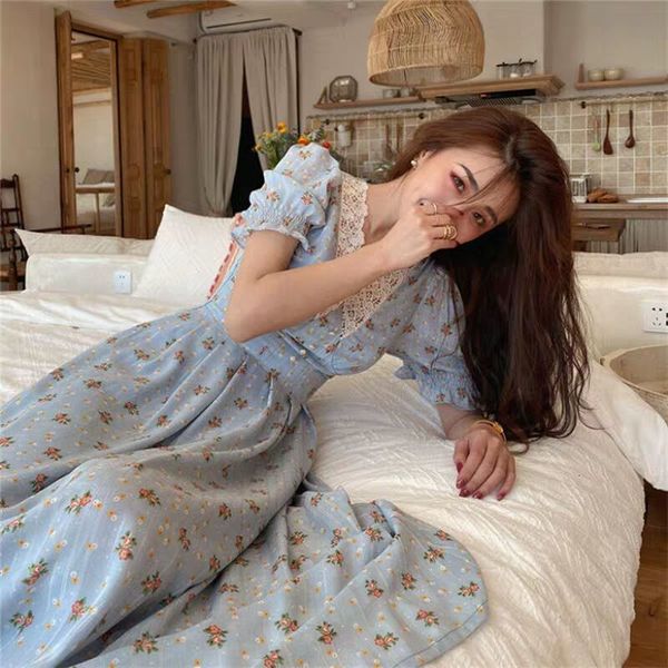 

women's jackets summer dress 2021 sweet puff sleeve v-neck lace floral sundress vintage cute elegant a-line casual chiffon clothin, Black;brown