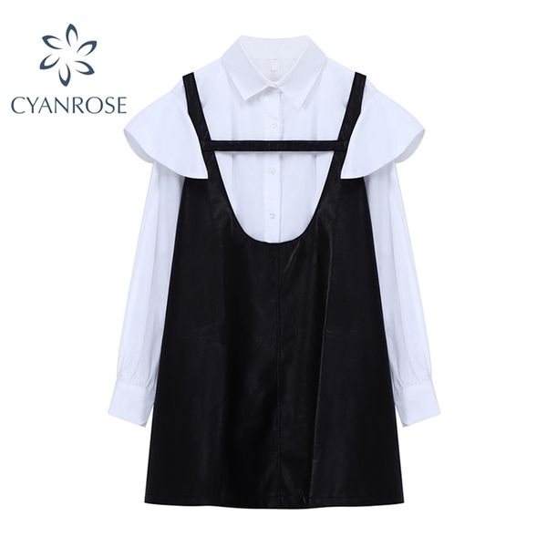 

white blouses+black pu faxu leather vest dress women's outfits summer streetwear e-girl aesthetic rok 2 pieces sets ladies 210430