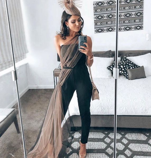 

dress black one shoulder long mesh rayon bandage jumpsuit, Black;gray