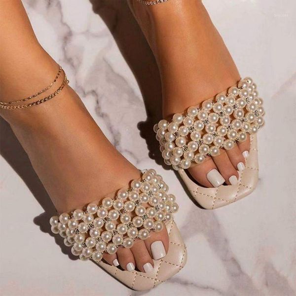 

plus size fashion pearl pvc summer slippers women 2021 outdoor open toe flat heel beach flip flops woman non slip slides1, Black