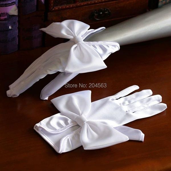 

bridal gloves romantic satin with bow short wedding party finger accessories, White