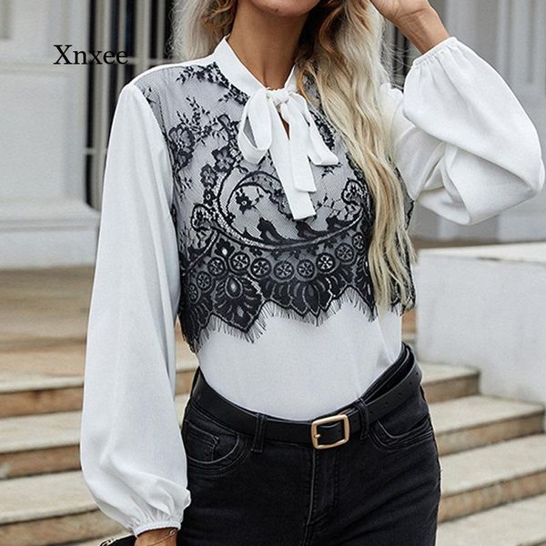 

women's blouses & shirts lace long sleeve fashion patchwork blusas ladies shirt loose elegant femme bow collar clothing, White